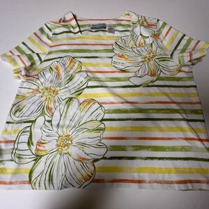 ALFRED DUNNER FLORAL DARK & LIGHT GREEN, ORANGE & YELLOW W/ CLEAR SEQUINS. PXL